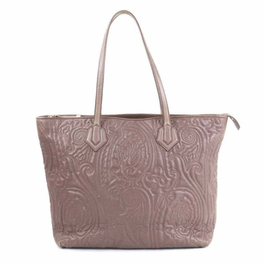 Authentic  ETRO Peisly Shoulder Bag Tote Bag Gray Brown Leather/Goldtone -
